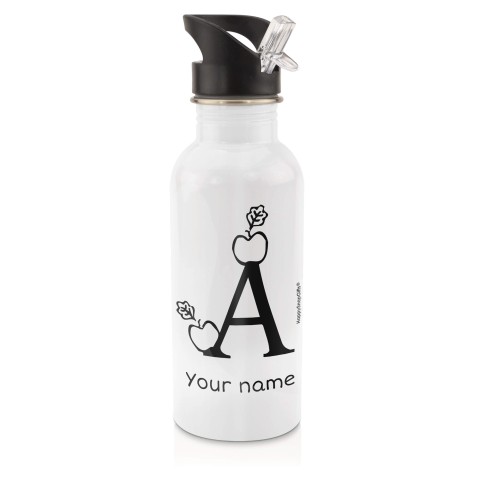in White (600ml) with Drinking Straw with Alphabet Theme - Black (Personalised with Text)