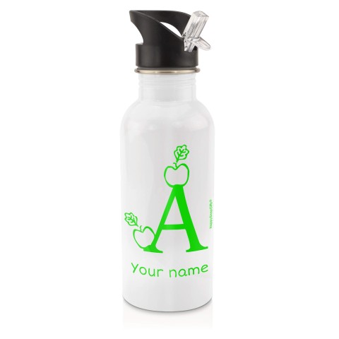 in White (600ml) with Drinking Straw with Alphabet Theme - Bright Green (Personalised with Text)