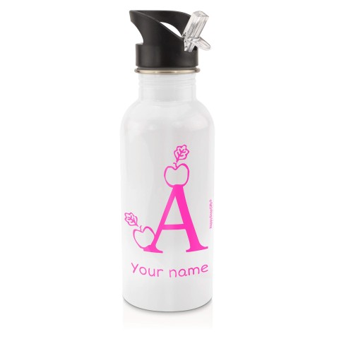 in White (600ml) with Drinking Straw with Alphabet Theme - Fuchsia Pink (Personalised with Text)