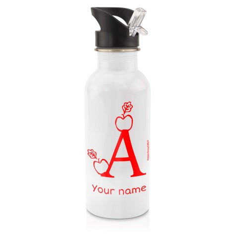 in White (600ml) with Drinking Straw with Alphabet Theme - Red (Personalised with Text)