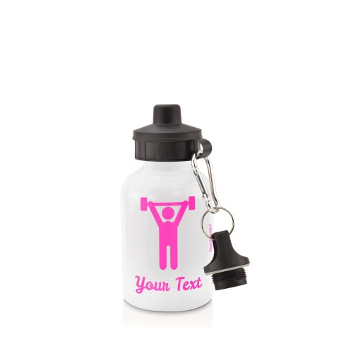 in White (400ml) with Screw Cap with Gym Icon - Fuchsia Pink (Personalised with Text)