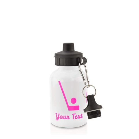 in White (400ml) with Screw Cap (Hockey Icon) - Fuchsia Pink (Personalised with Text)