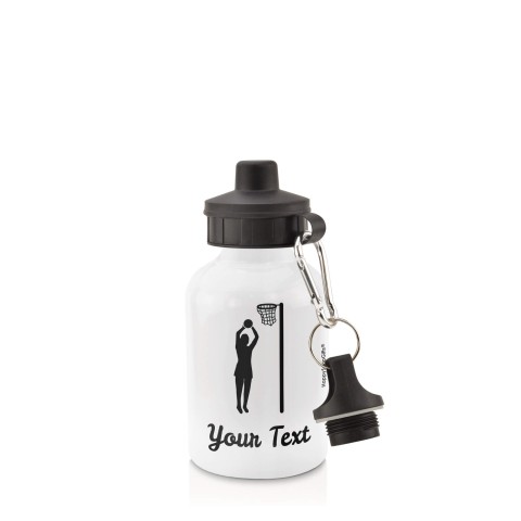 in White (400ml) with Screw Cap (Netball Icon) - Black (Personalised with Text)