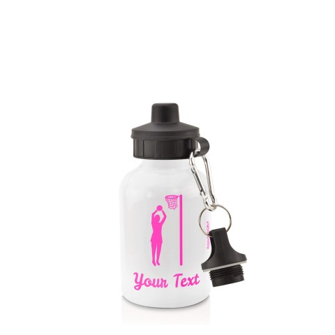 in White (400ml) with Screw Cap (Netball Icon) - Fuchsia Pink (Personalised with Text)