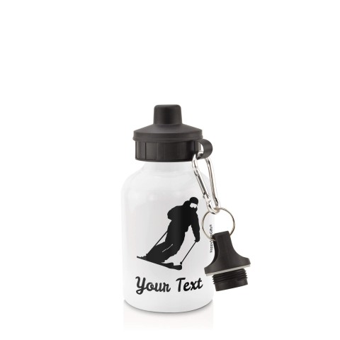in White (400ml) with Screw Cap (Skiing Icon) - Black (Personalised with Text)