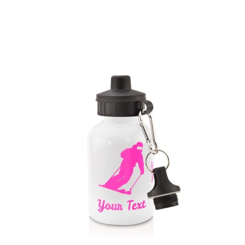 in White (400ml) with Screw Cap (Skiing Icon) - Fuchsia Pink (Personalised with Text)