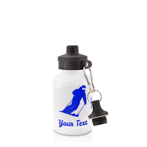 in White (400ml) with Screw Cap (Skiing Icon) - Royal Blue (Personalised with Text)