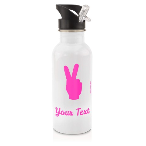 in White (600ml) with Drinking Straw (Two Finger Icon) - Fuchsia Pink (Personalised with Text)