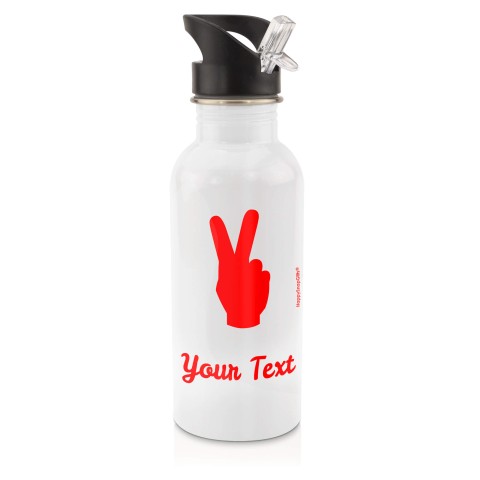 in White (600ml) with Drinking Straw (Two Finger Icon) - Red (Personalised with Text)