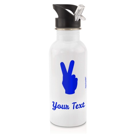 in White (600ml) with Drinking Straw (Two Finger Icon) - Royal Blue (Personalised with Text)