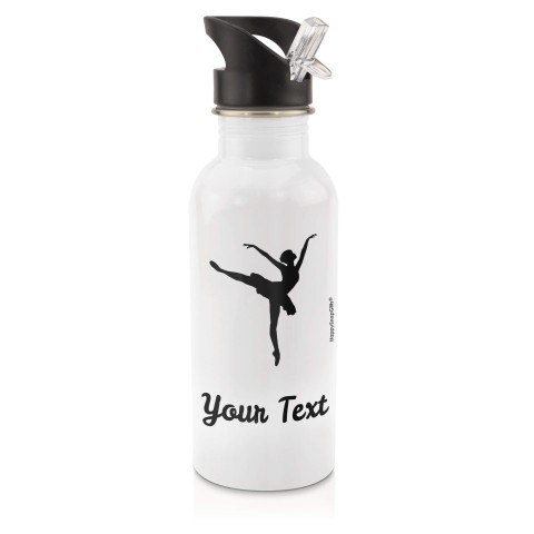 in White (600ml) with Drinking Straw (Ballet Icon) - Black (Personalised with Text)