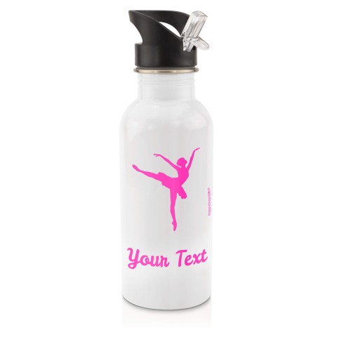 in White (600ml) with Drinking Straw (Ballet Icon) - Fuchsia Pink (Personalised with Text)