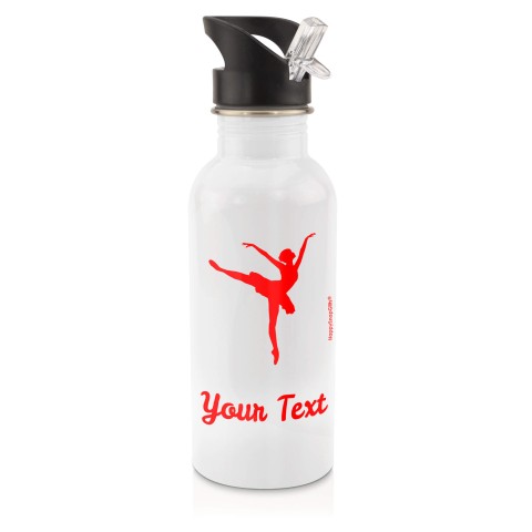 in White (600ml) with Drinking Straw (Ballet Icon) - Red (Personalised with Text)