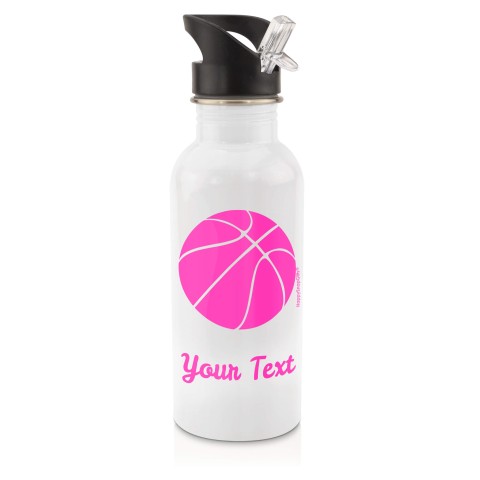 in White (600ml) with Drinking Straw (Basketball Icon) - Fuchsia Pink (Personalised with Text)