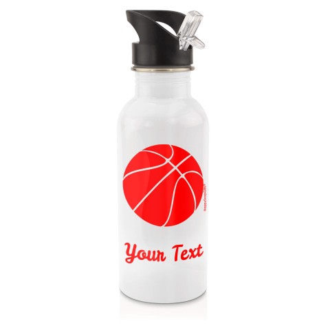 in White (600ml) with Drinking Straw (Basketball Icon) - Red (Personalised with Text)