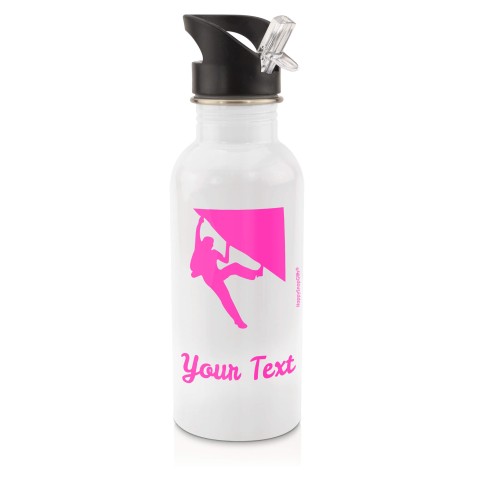in White (600ml) with Drinking Straw (Climbing Icon) - Fuchsia Pink (Personalised with Text)