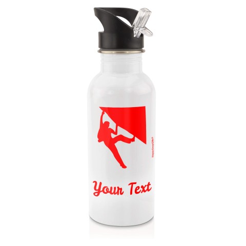 in White (600ml) with Drinking Straw (Climbing Icon) - Red (Personalised with Text)