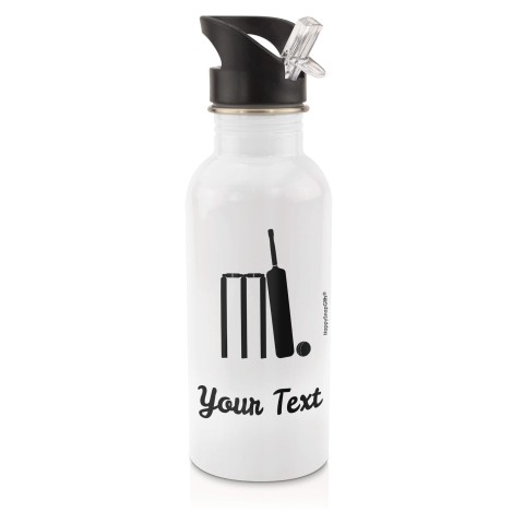 in White (600ml) with Drinking Straw (Cricket Icon) - Black (Personalised with Text)