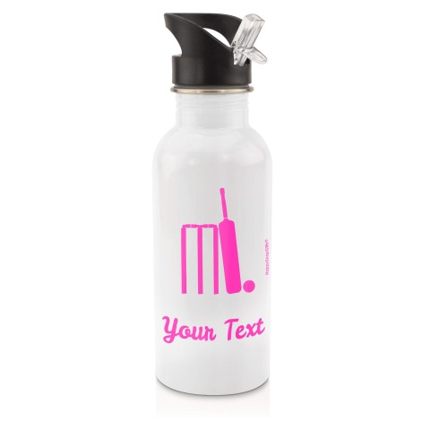 in White (600ml) with Drinking Straw (Cricket Icon) - Fuchsia Pink (Personalised with Text)