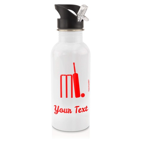 in White (600ml) with Drinking Straw (Cricket Icon) - Red (Personalised with Text)