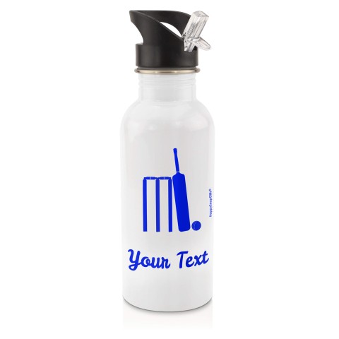 in White (600ml) with Drinking Straw (Cricket Icon) - Royal Blue (Personalised with Text)