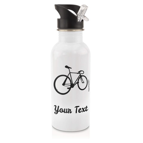 in White (600ml) with Drinking Straw (Cycling Icon) - Black (Personalised with Text)