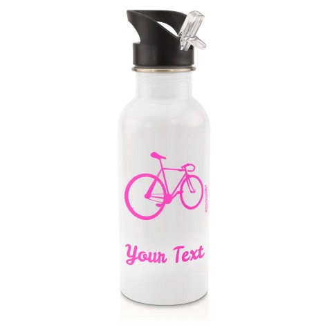 in White (600ml) with Drinking Straw (Cycling Icon) - Fuchsia Pink (Personalised with Text)