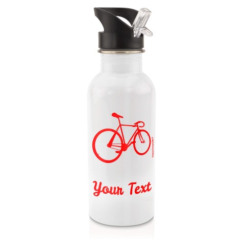 in White (600ml) with Drinking Straw (Cycling Icon) - Red (Personalised with Text)