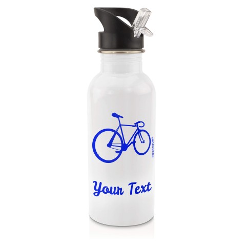 in White (600ml) with Drinking Straw (Cycling Icon) - Royal Blue (Personalised with Text)
