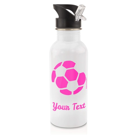 in White (600ml) with Drinking Straw (Football Icon) - Fuchsia Pink (Personalised with Text)