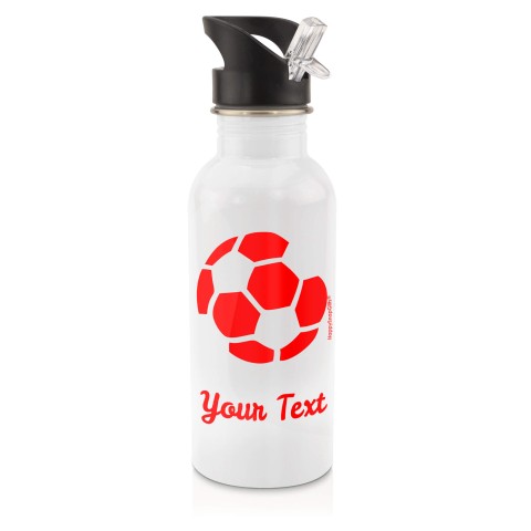 in White (600ml) with Drinking Straw (Football Icon) - Red (Personalised with Text)