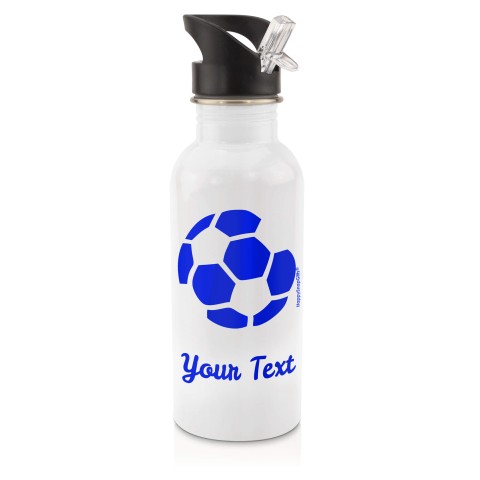 in White (600ml) with Drinking Straw (Football Icon) - Royal Blue (Personalised with Text)