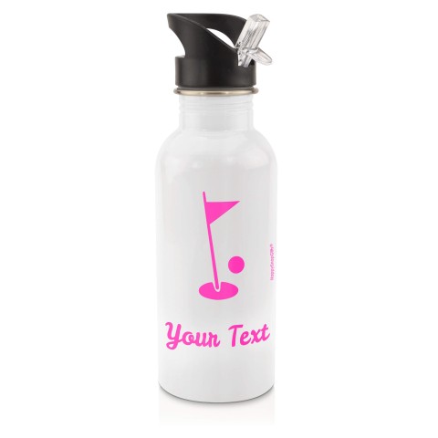 in White (600ml) with Drinking Straw (Golf Icon) - Fuchsia Pink (Personalised with Text)