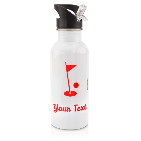 in White (600ml) with Drinking Straw (Golf Icon) - Red (Personalised with Text)