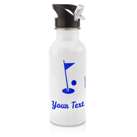 in White (600ml) with Drinking Straw (Golf Icon) - Royal Blue (Personalised with Text)
