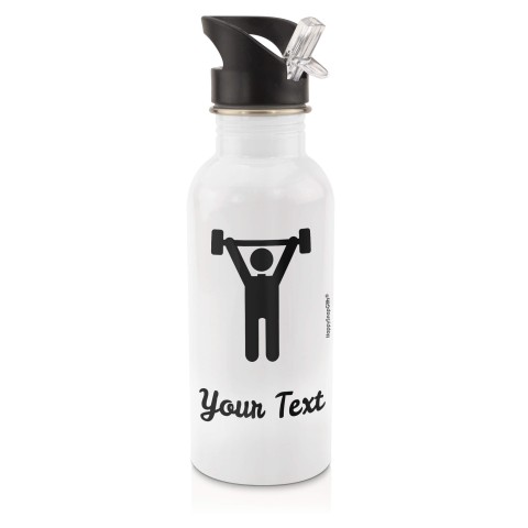 in White (600ml) with Drinking Straw with Gym Icon - Black (Personalised with Text)