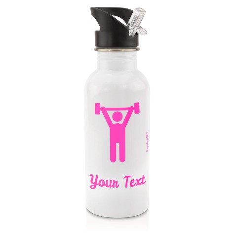 in White (600ml) with Drinking Straw with Gym Icon - Fuchsia Pink (Personalised with Text)