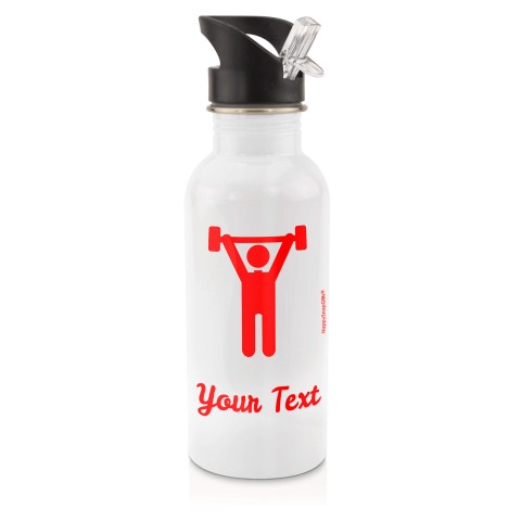 in White (600ml) with Drinking Straw with Gym Icon - Red (Personalised with Text)