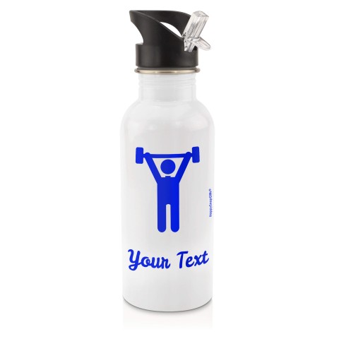 in White (600ml) with Drinking Straw with Gym Icon - Royal Blue (Personalised with Text)