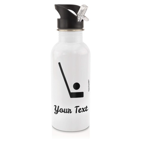 in White (600ml) with Drinking Straw (Hockey Icon) - Black (Personalised with Text)