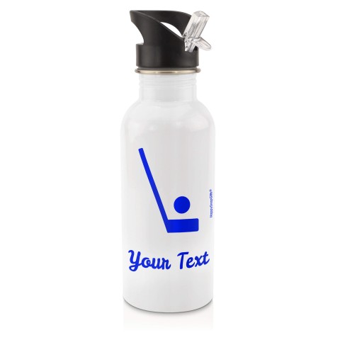 in White (600ml) with Drinking Straw (Hockey Icon) - Royal Blue (Personalised with Text)