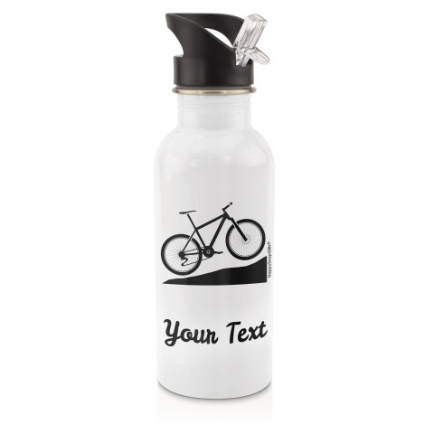 in White (600ml) with Drinking Straw (Mountain Biking Icon) - Black (Personalised with Text)