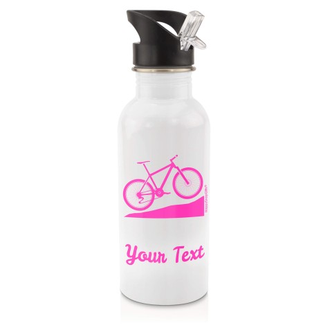 in White (600ml) with Drinking Straw (Mountain Biking Icon) - Fuchsia Pink (Personalised with Text)