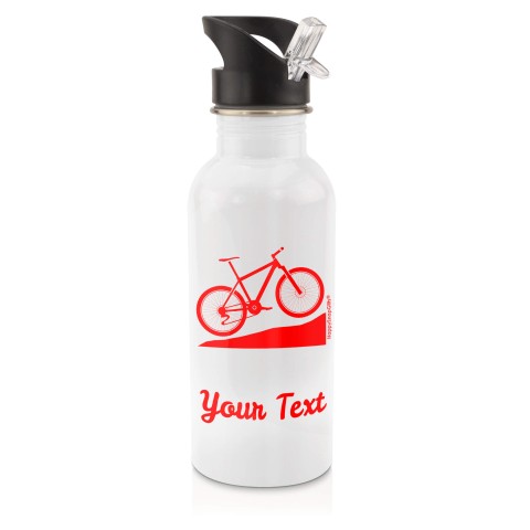 in White (600ml) with Drinking Straw (Mountain Biking Icon) - Red (Personalised with Text)