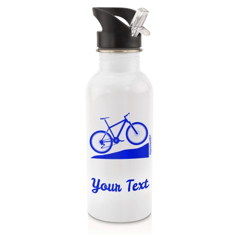 in White (600ml) with Drinking Straw (Mountain Biking Icon) - Royal Blue (Personalised with Text)