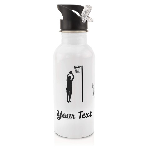 in White (600ml) with Drinking Straw (Netball Icon) - Black (Personalised with Text)