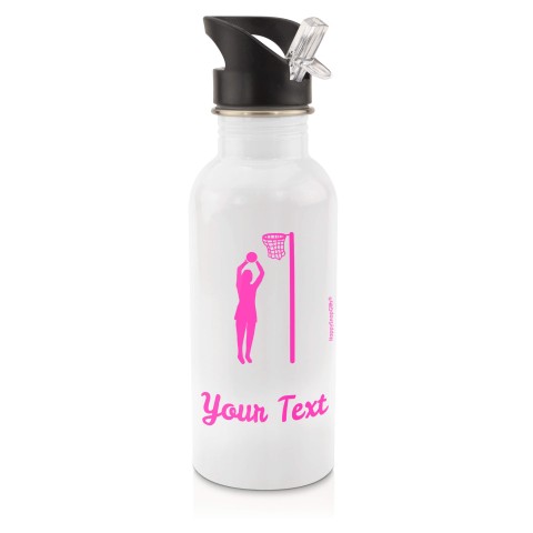 in White (600ml) with Drinking Straw (Netball Icon) - Fuchsia Pink (Personalised with Text)