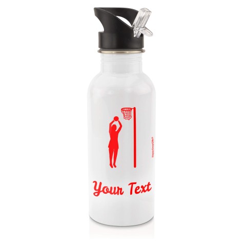 in White (600ml) with Drinking Straw (Netball Icon) - Red (Personalised with Text)