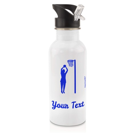 in White (600ml) with Drinking Straw (Netball Icon) - Royal Blue (Personalised with Text)