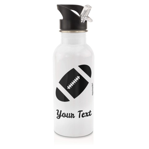 in White (600ml) with Drinking Straw (Rugby Icon) - Black (Personalised with Text)